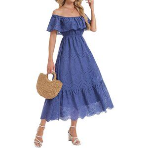 Women's Cotton Midi Dress Off-Shoulder Ruffle High Waist A-Line Casual